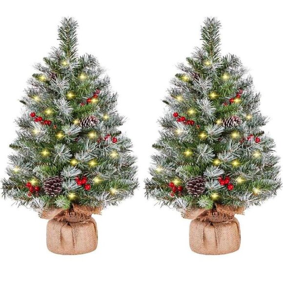 Pre-Lit 24" Mini Christmas Trees with Flocked Pine Needles - Picture 1 of 1
